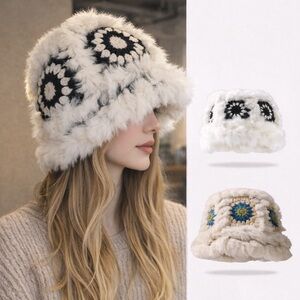 Rabbit Fur Crochet Patch Bucket Hat - White/Black